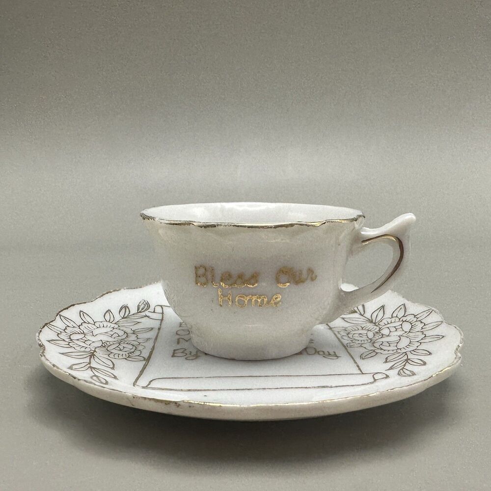 Vintage Japan Miniature Cup Saucer Bless Our Home Gold Trim Christian Decor
